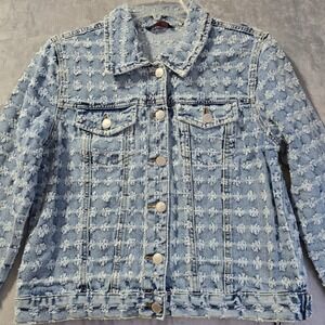 Excuse Denim Jacket Light Wash Textured Floral Distressed Button Front Women L
